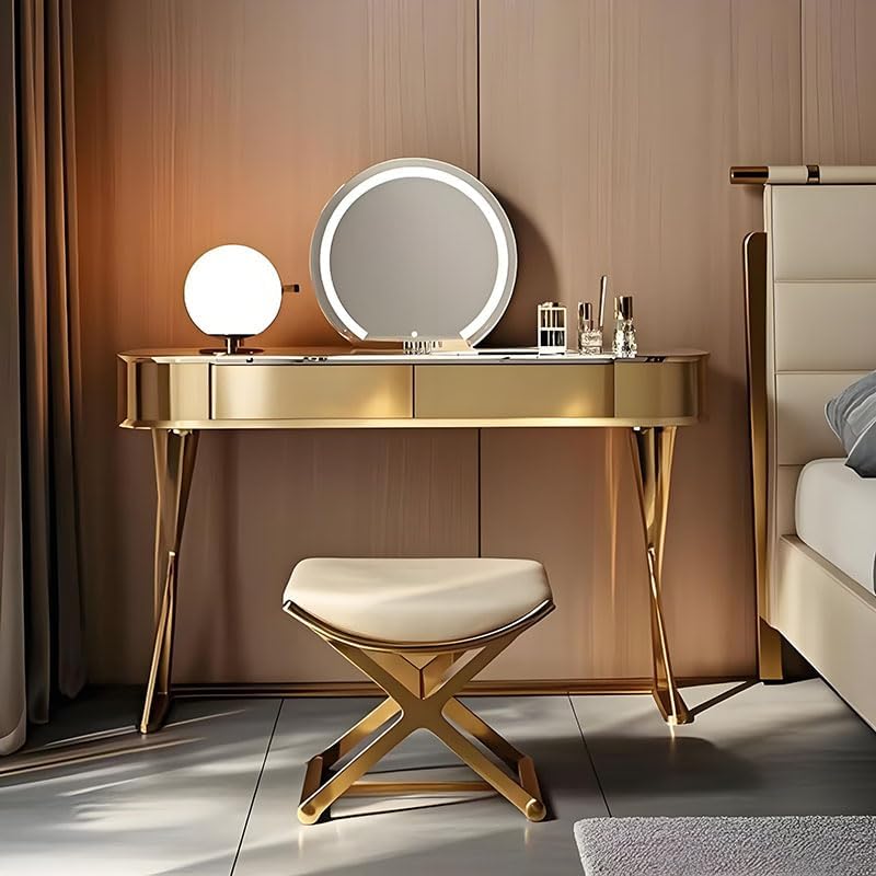 Vanity Stool Chair for Makeup - Small Backless Leather Stool for Vanity - Modern Ottoman Bench Seat with Metal X Legs, Footstool for Bathroom & Living Room - Gold