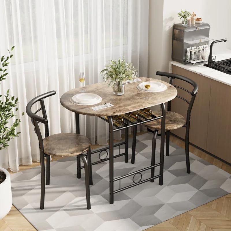 Shahoo 3-Piece Wooden Dining Table Set, Kitchen Breakfast Nook Sets with 2 Chairs & Round Tabletop, Space Saving Furniture Metal Frame and Built-in Wine Rack, Black