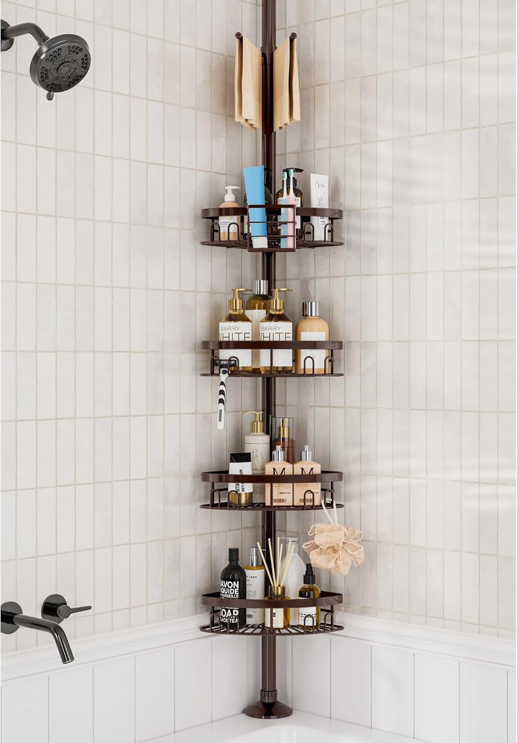 Rustproof Shower Corner Caddy Shelf for Bathroom Tension Pole Organizer with 4 Baskets for Bathtub Shampoo Storage from 23.6 to 114.5 Inch with Towel Bar (Silver)