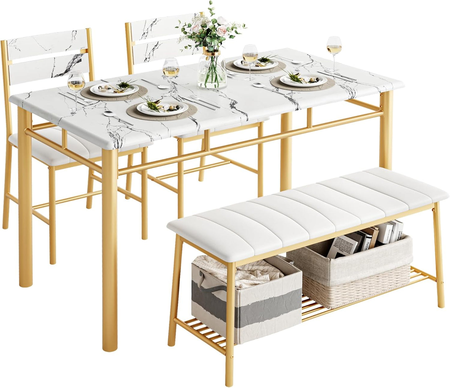 IRONCK Dining Table Set for 4, Kitchen Table with Upholstered Bench and 2 Chairs, Kitchen Table and Chairs Set for Small Space, Apartment, Rustic Brown