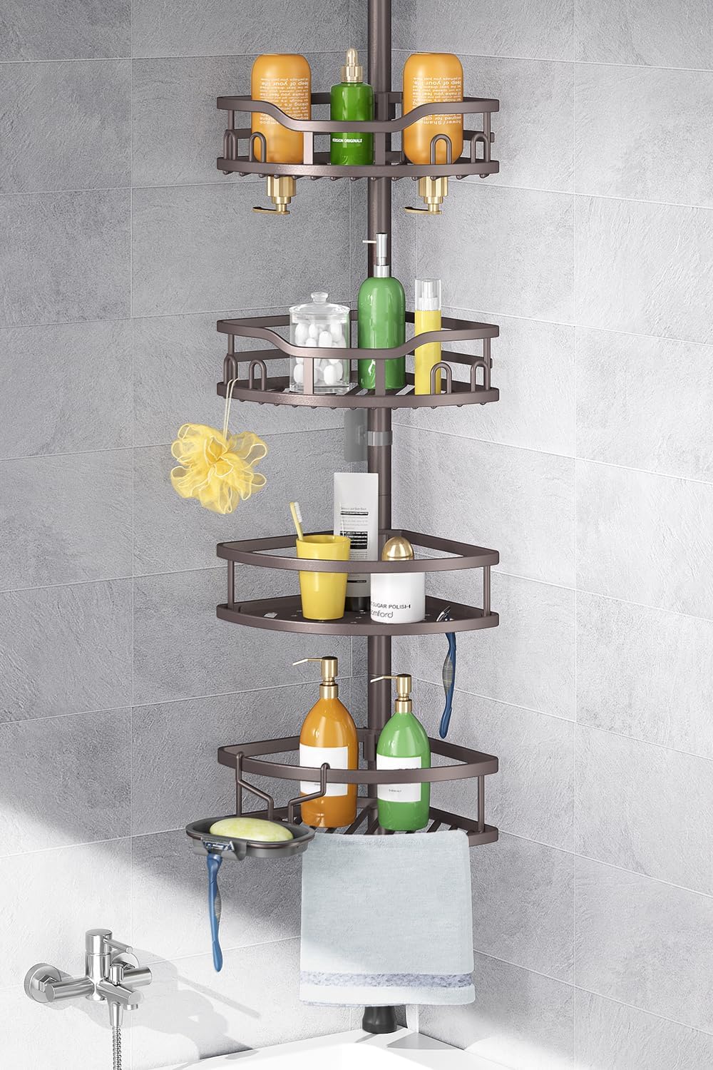 HAMITOR Corner Shower Caddy Tension Pole: Rustproof 4-Tier Bathroom Organizer Shelves for Bathtub Shampoo Storage - 47-121 Inch Quick Install Adjustable Rod Standing Rack with Soap Rack - Matte Gold