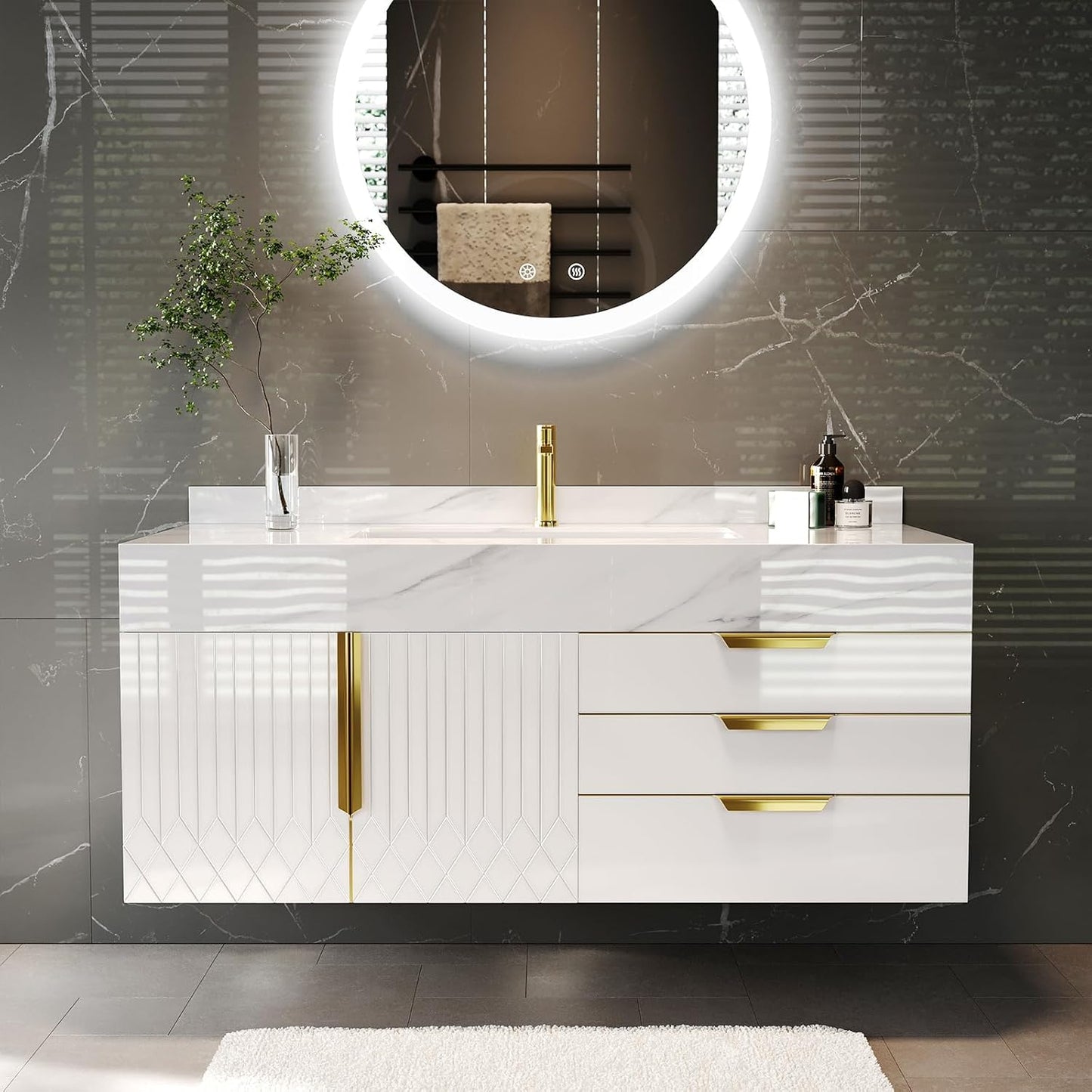 59" White Double Sink Freestanding Bathroom Vanity Modern Bathroom Vanity with Sink & Drawers & Doors Faux Marble Top