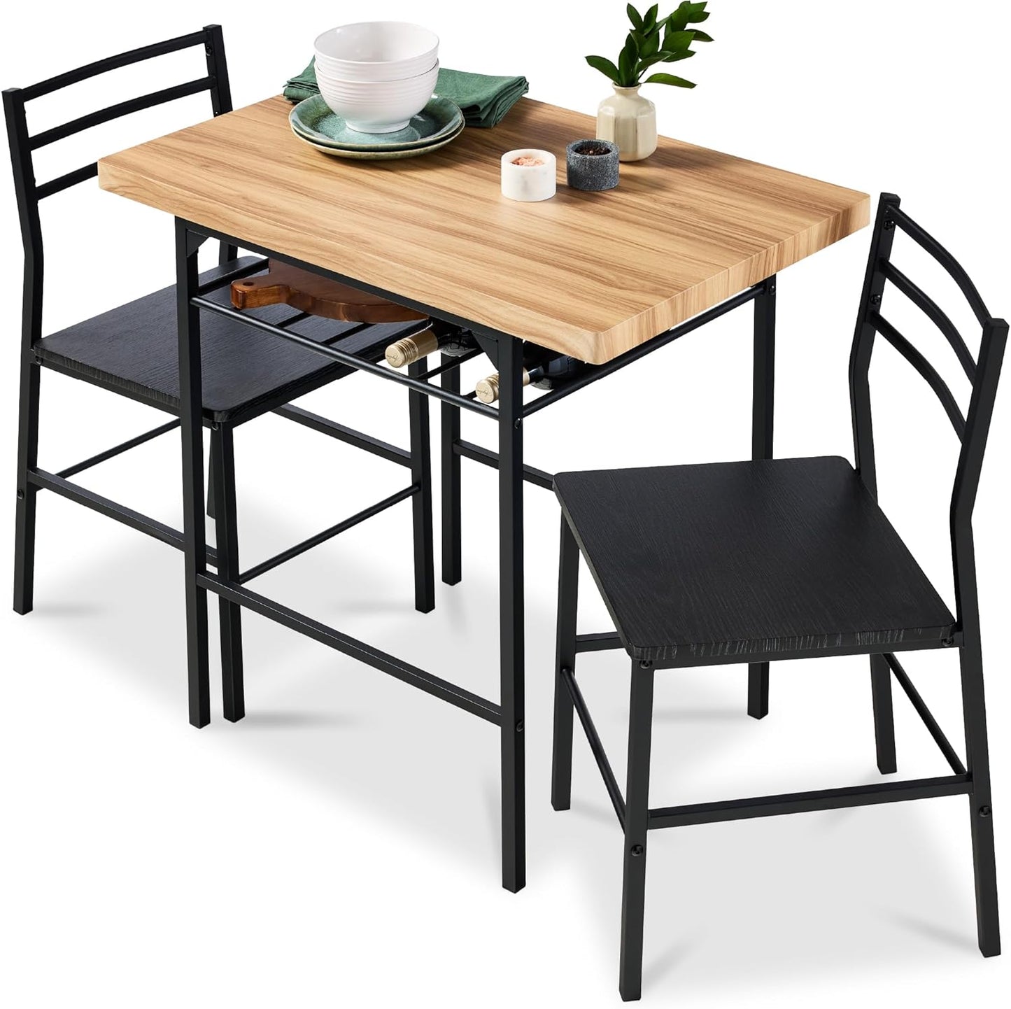 Best Choice Products 3-Piece Modern Dining Set, Space Saving Dinette for Kitchen, Dining Room, Small Space w/Steel Frame, Built-in Storage Rack - Medium Brown/Black