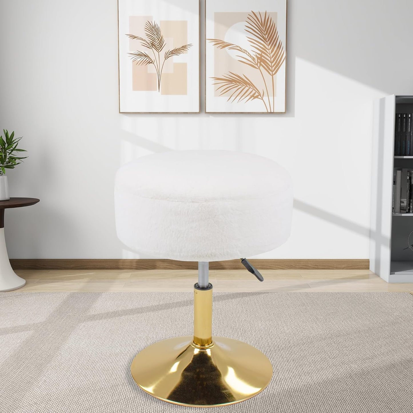 Velvet Vanity Stool for Makeup Room, Round Storage Ottoman Height Adjustable Gold Vanity Chair, 360° Swivel Footrest for Living Room Bedroom, Dark Green