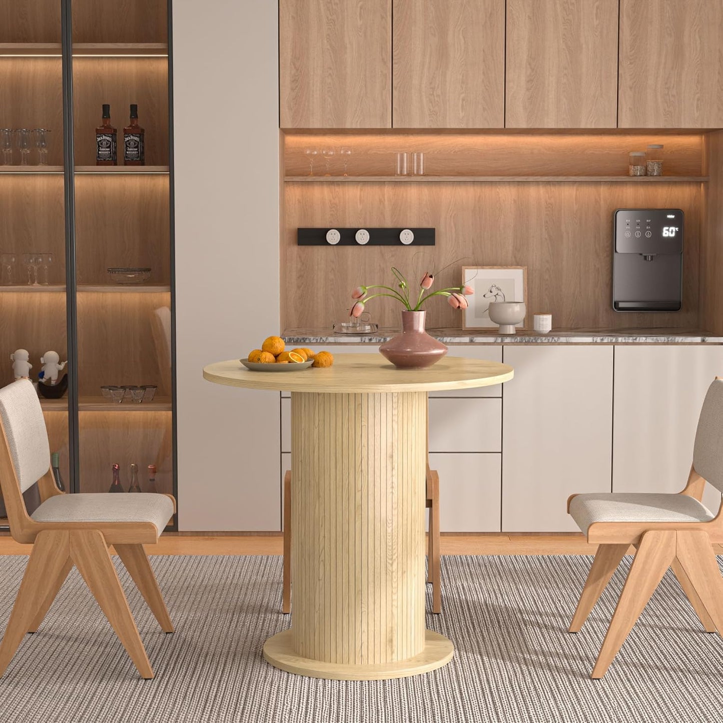 31.5 inch Round Dining Table for 2, Modern Farmhouse Kitchen Table, Small Circle Dining Tables with Wood Strip Base for Kitchen Living Room (Walnut)