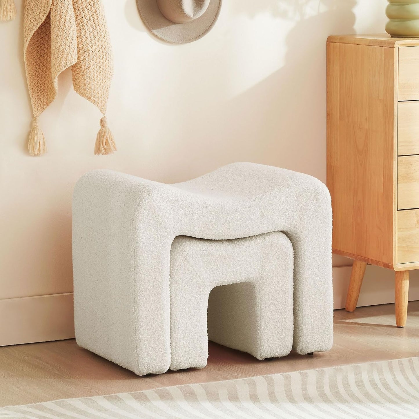 Small Footstool Ottoman Vanity Stool Chair Seating Backless Modern Foot Rest Teddy Velvet Ottoman for Makeup Room Living Room Bedroom Entryway,White (Single 1)