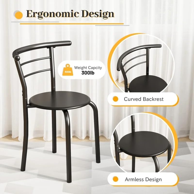 Shahoo 3-Piece Wooden Dining Table Set, Kitchen Breakfast Nook Sets with 2 Chairs & Round Tabletop, Space Saving Furniture Metal Frame and Built-in Wine Rack, Black