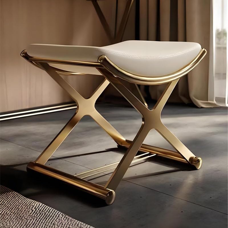 Vanity Stool Chair for Makeup - Small Backless Leather Stool for Vanity - Modern Ottoman Bench Seat with Metal X Legs, Footstool for Bathroom & Living Room - Gold