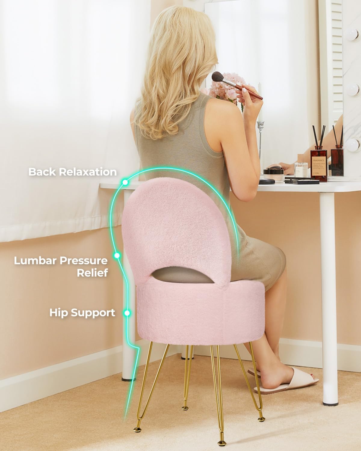 GREENSTELL Vanity Stool Chair with Storage and Folding Back, 15.7" x 15.7" x 19.5" Faux Fur Soft Ottoman for Adults, 4 Metal Legs with Anti-Slip Feet, Furry Padded Seat for Makeup, Bedroom, Pink