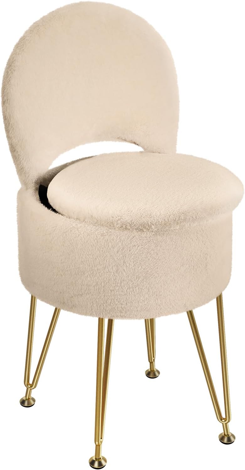GREENSTELL Vanity Stool Chair with Storage and Folding Back, 15.7" x 15.7" x 19.5" Faux Fur Soft Ottoman for Adults, 4 Metal Legs with Anti-Slip Feet, Furry Padded Seat for Makeup, Bedroom, Pink