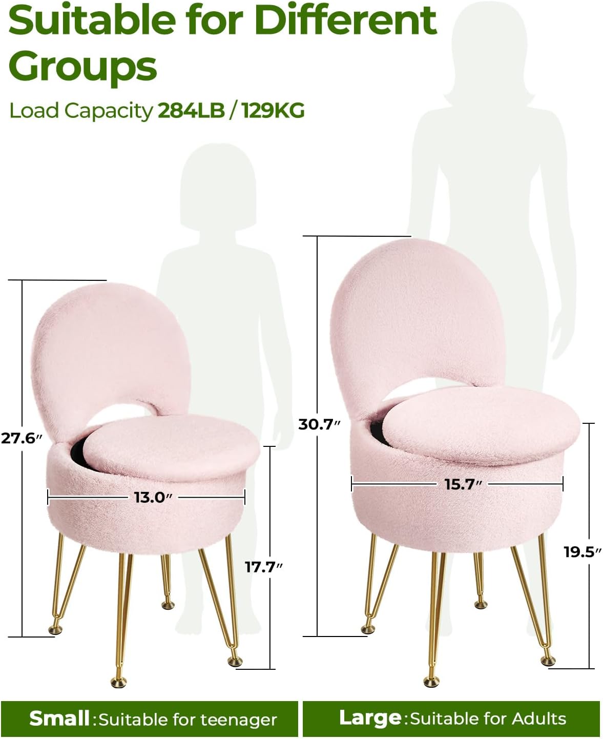 GREENSTELL Vanity Stool Chair with Storage and Folding Back, 15.7" x 15.7" x 19.5" Faux Fur Soft Ottoman for Adults, 4 Metal Legs with Anti-Slip Feet, Furry Padded Seat for Makeup, Bedroom, Pink