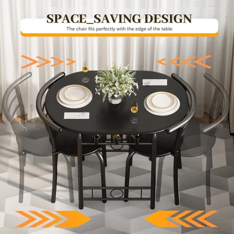 Shahoo 3-Piece Wooden Dining Table Set, Kitchen Breakfast Nook Sets with 2 Chairs & Round Tabletop, Space Saving Furniture Metal Frame and Built-in Wine Rack, Black