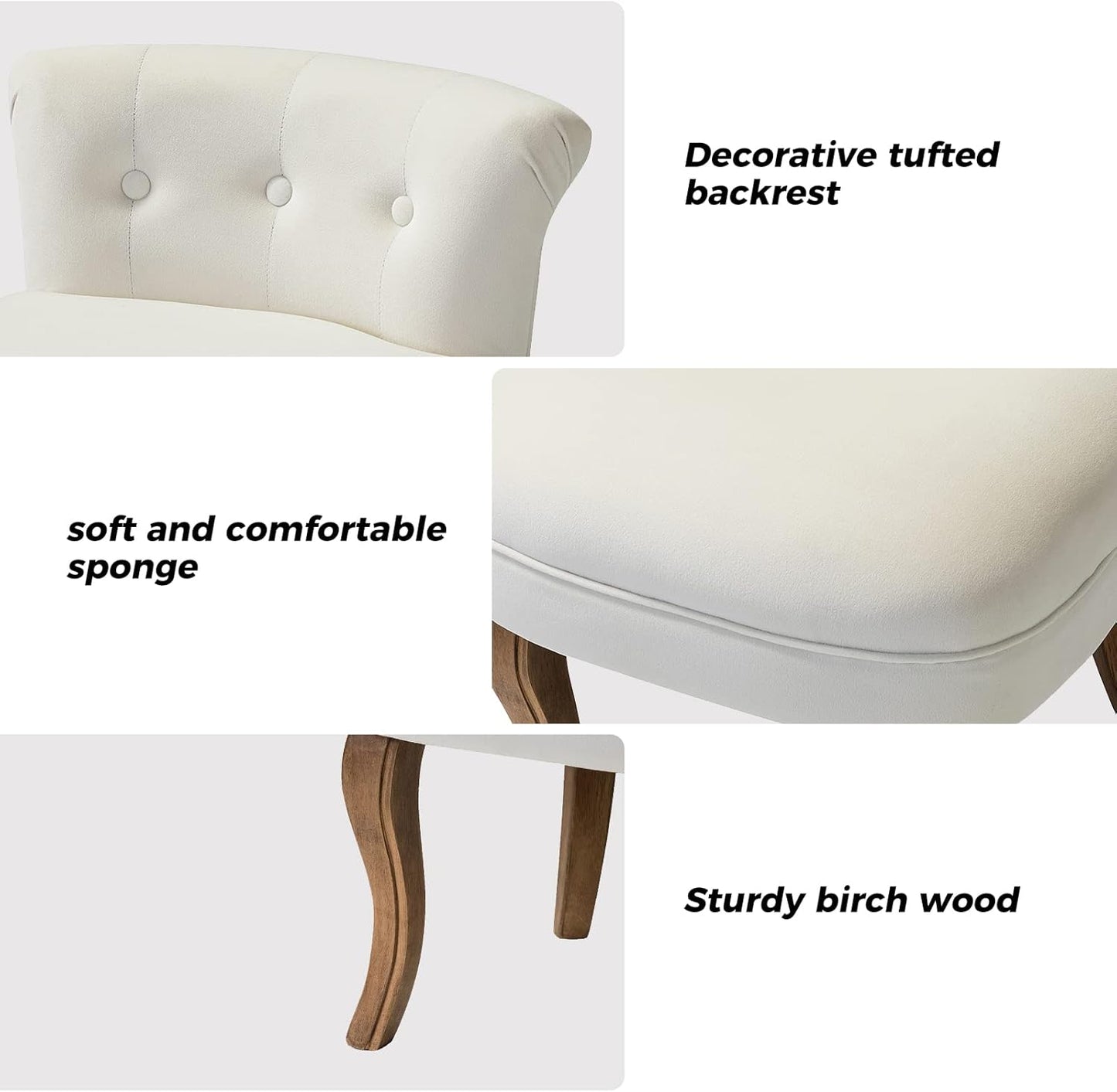 HULALA HOME Velvet Vanity Stool with Low Back, Modern Vanity Chair with Solid Wood Legs, Small Upholstered Makeup Chair Home Decor for Bedroom Living Room Dressing Table, Women Girls, Ivory