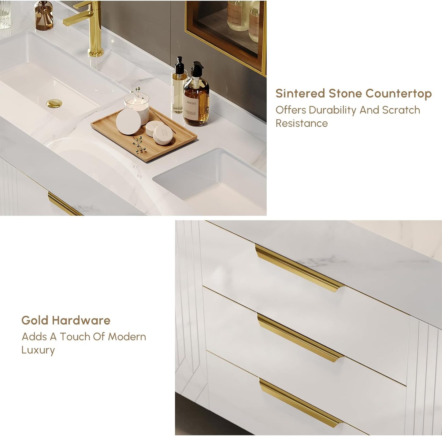 59" White Double Sink Freestanding Bathroom Vanity Modern Bathroom Vanity with Sink & Drawers & Doors Faux Marble Top