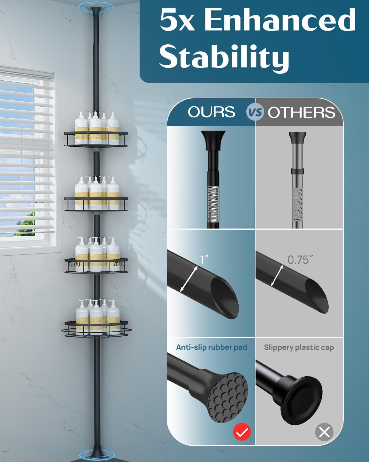 SEIRIONE Corner Shower Caddy Tension Pole, Rustproof Bathroom Shower Organizer Corner, 4-Tier Adjustable Bathroom Shelf, Solid Rack Ideal for Bathtub Storage, 34 to 116 Inch Height, Black