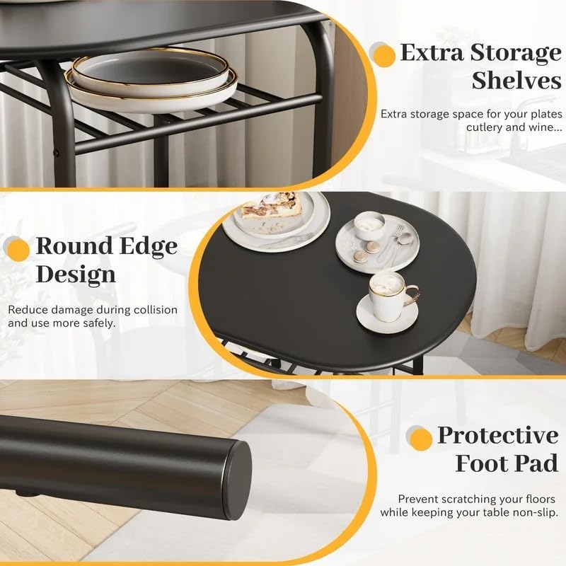 Shahoo 3-Piece Wooden Dining Table Set, Kitchen Breakfast Nook Sets with 2 Chairs & Round Tabletop, Space Saving Furniture Metal Frame and Built-in Wine Rack, Black