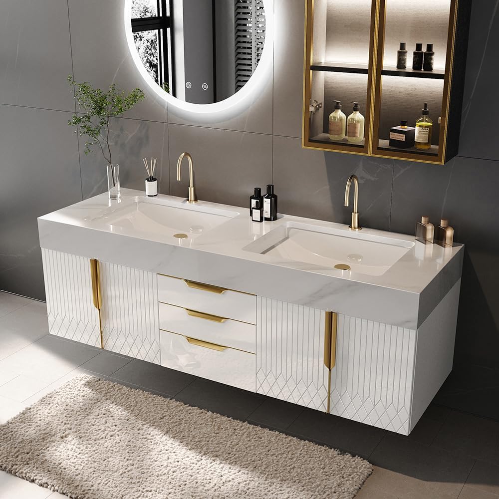 59" White Double Sink Freestanding Bathroom Vanity Modern Bathroom Vanity with Sink & Drawers & Doors Faux Marble Top