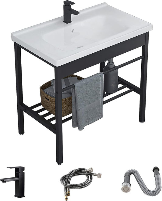 Freestanding Bathroom Console Sink, Bathroom Vanity with Sink, 28.3" x 19" x 32.3" Ceramic Console Sink Set With Bracket, Utility Sink for Laundry Room, Washing Room, Garage, Basement, Outdoor, Indoor