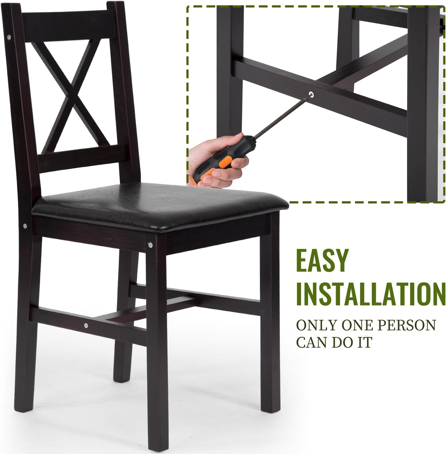 FDW | 3-Piece Solid Wood Dining Table | Dark Brown | Pine Kitchen Table with Upholstered Chairs | Space-Saving Design | Smooth Easy-to-Clean Surface | for Dining Room, Apartment, Restaurant