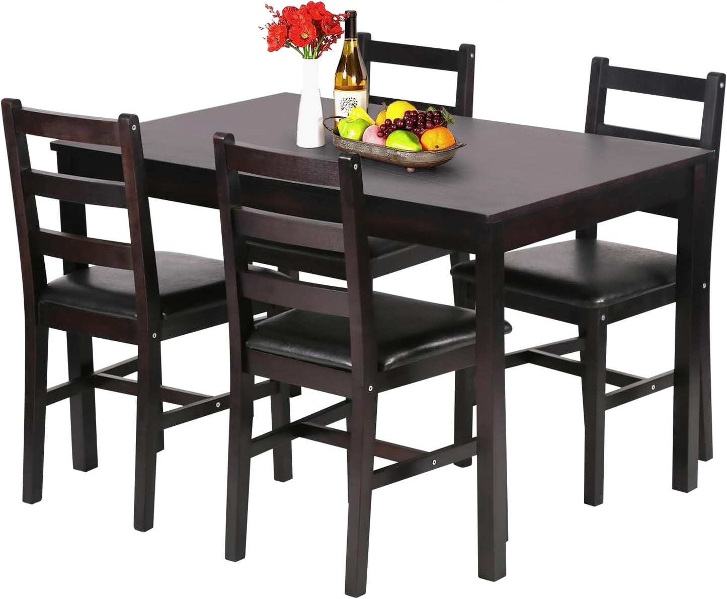 FDW | 3-Piece Solid Wood Dining Table | Dark Brown | Pine Kitchen Table with Upholstered Chairs | Space-Saving Design | Smooth Easy-to-Clean Surface | for Dining Room, Apartment, Restaurant