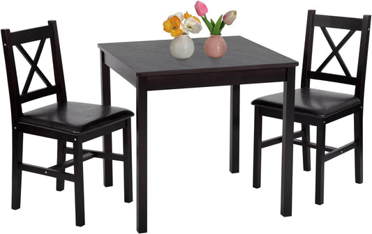 FDW | 3-Piece Solid Wood Dining Table | Dark Brown | Pine Kitchen Table with Upholstered Chairs | Space-Saving Design | Smooth Easy-to-Clean Surface | for Dining Room, Apartment, Restaurant