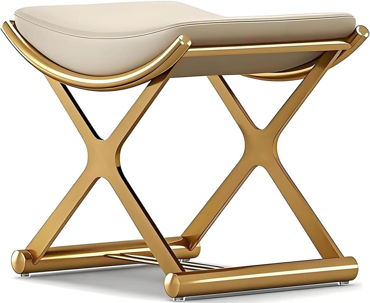 Vanity Stool Chair for Makeup - Small Backless Leather Stool for Vanity - Modern Ottoman Bench Seat with Metal X Legs, Footstool for Bathroom & Living Room - Gold
