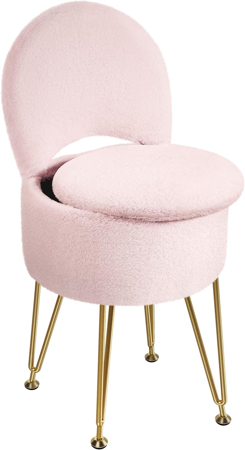 GREENSTELL Vanity Stool Chair with Storage and Folding Back, 15.7" x 15.7" x 19.5" Faux Fur Soft Ottoman for Adults, 4 Metal Legs with Anti-Slip Feet, Furry Padded Seat for Makeup, Bedroom, Pink
