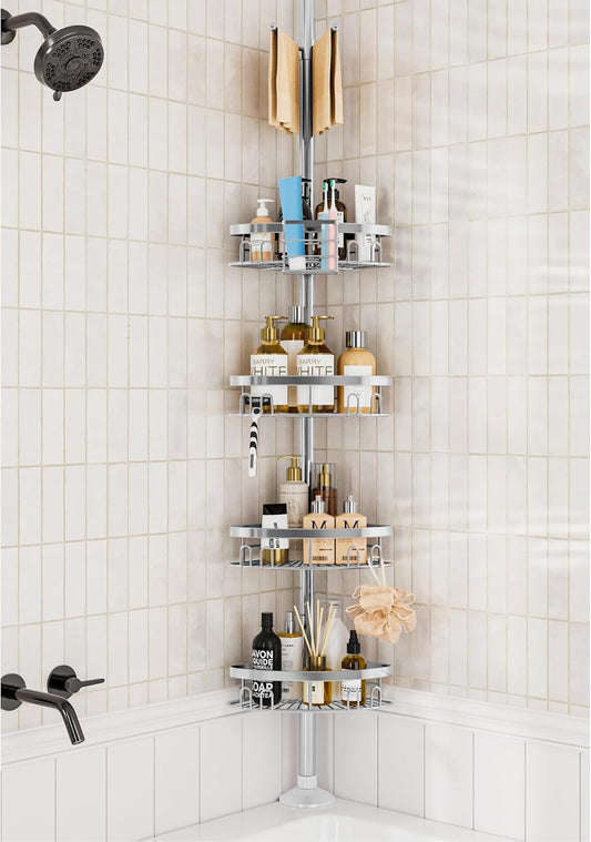 Rustproof Shower Corner Caddy Shelf for Bathroom Tension Pole Organizer with 4 Baskets for Bathtub Shampoo Storage from 23.6 to 114.5 Inch with Towel Bar (Silver)