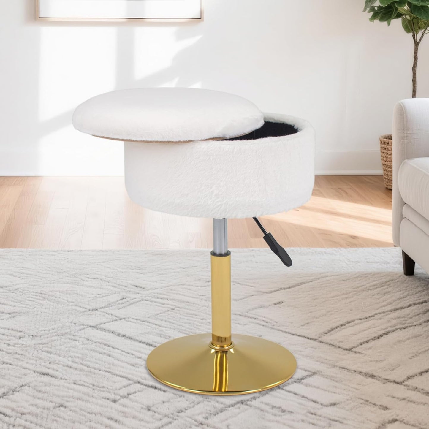 Velvet Vanity Stool for Makeup Room, Round Storage Ottoman Height Adjustable Gold Vanity Chair, 360° Swivel Footrest for Living Room Bedroom, Dark Green