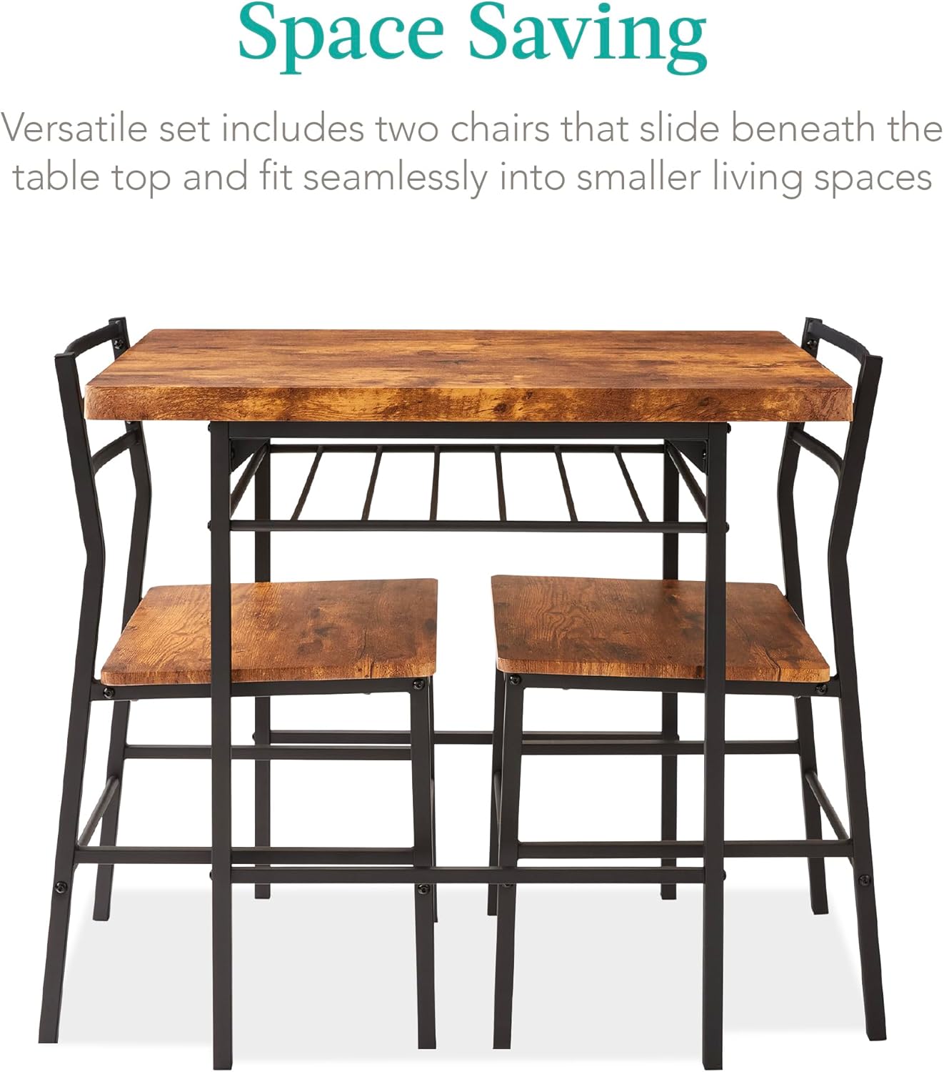 Best Choice Products 3-Piece Modern Dining Set, Space Saving Dinette for Kitchen, Dining Room, Small Space w/Steel Frame, Built-in Storage Rack - Medium Brown/Black