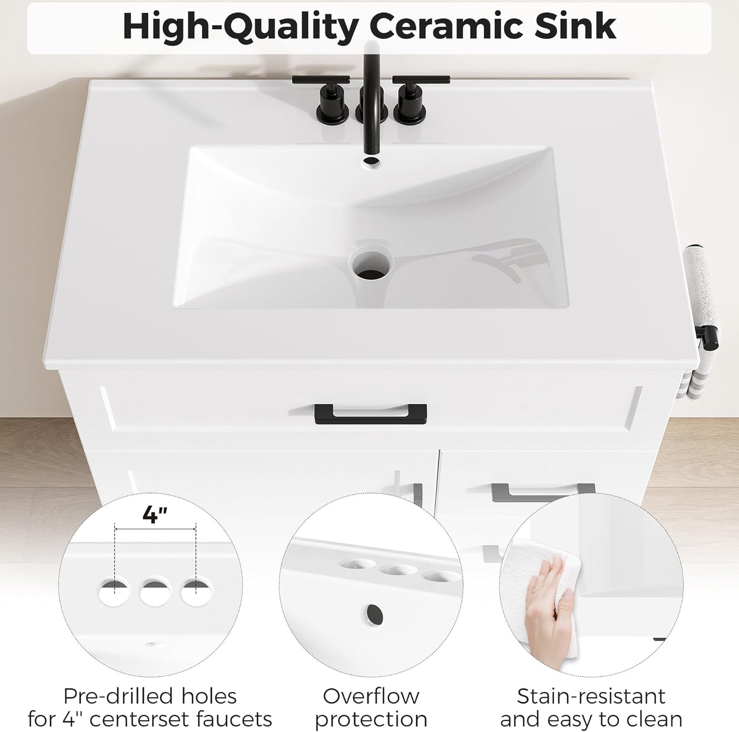 IRONCK 30" Bathroom Vanity with Sink, Freestanding Bathroom Storage Cabinet with 2 Drawers, 1 Tip-Out Drawer and 1 Soft-Close Door, Undermount Rectangular Ceramic Sink, Assembly Required, White