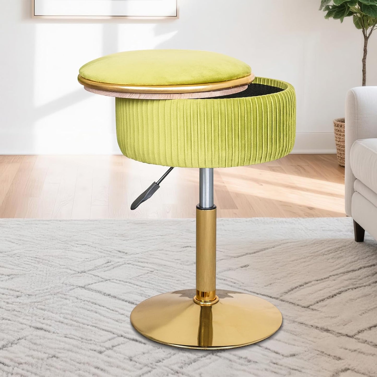 Velvet Vanity Stool for Makeup Room, Round Storage Ottoman Height Adjustable Gold Vanity Chair, 360° Swivel Footrest for Living Room Bedroom, Dark Green