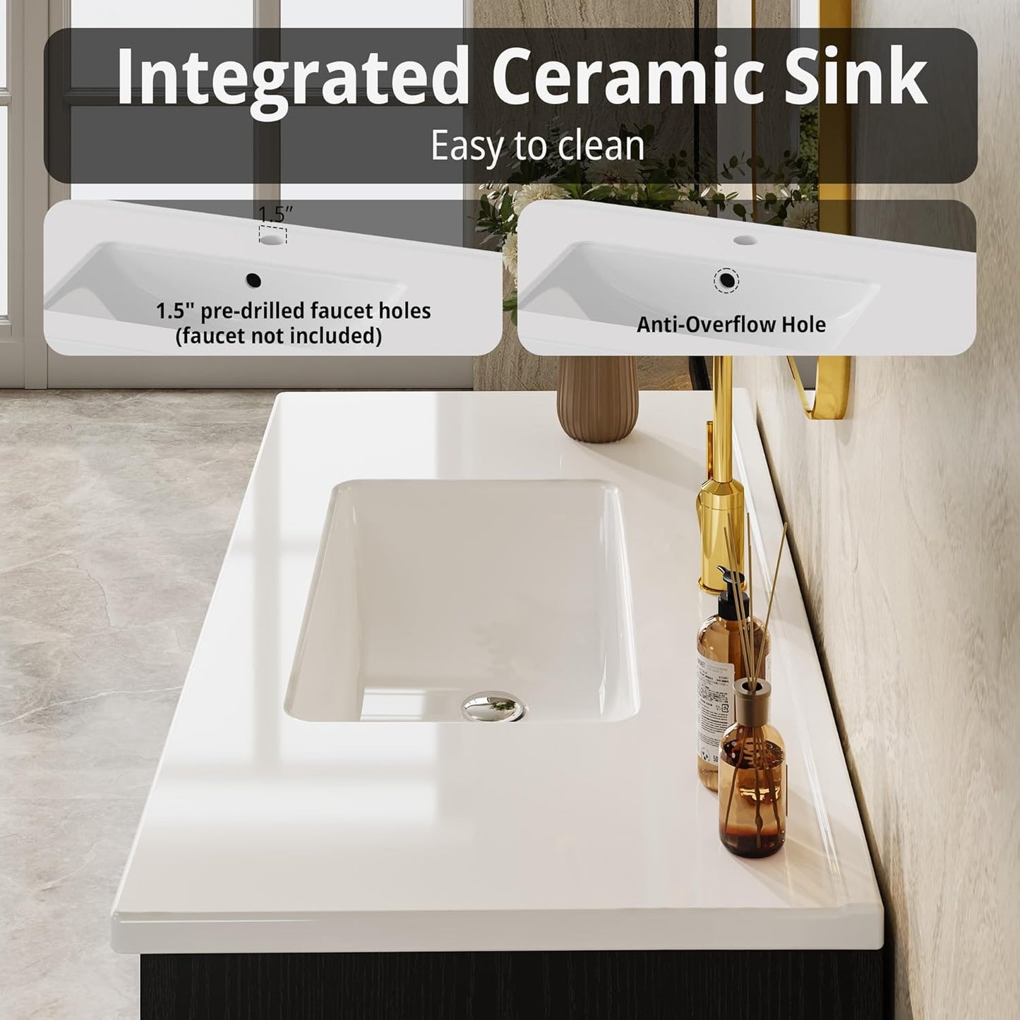 36 inch Bathroom Vanity with Sink, Freestanding Single Vanity Cabinet with Integrated Ceramic Countertop, Adjustable Shelves, 2 Soft Closing Doors & 3 Drawers, Modern Bathroom Sink for Bathroom, Black