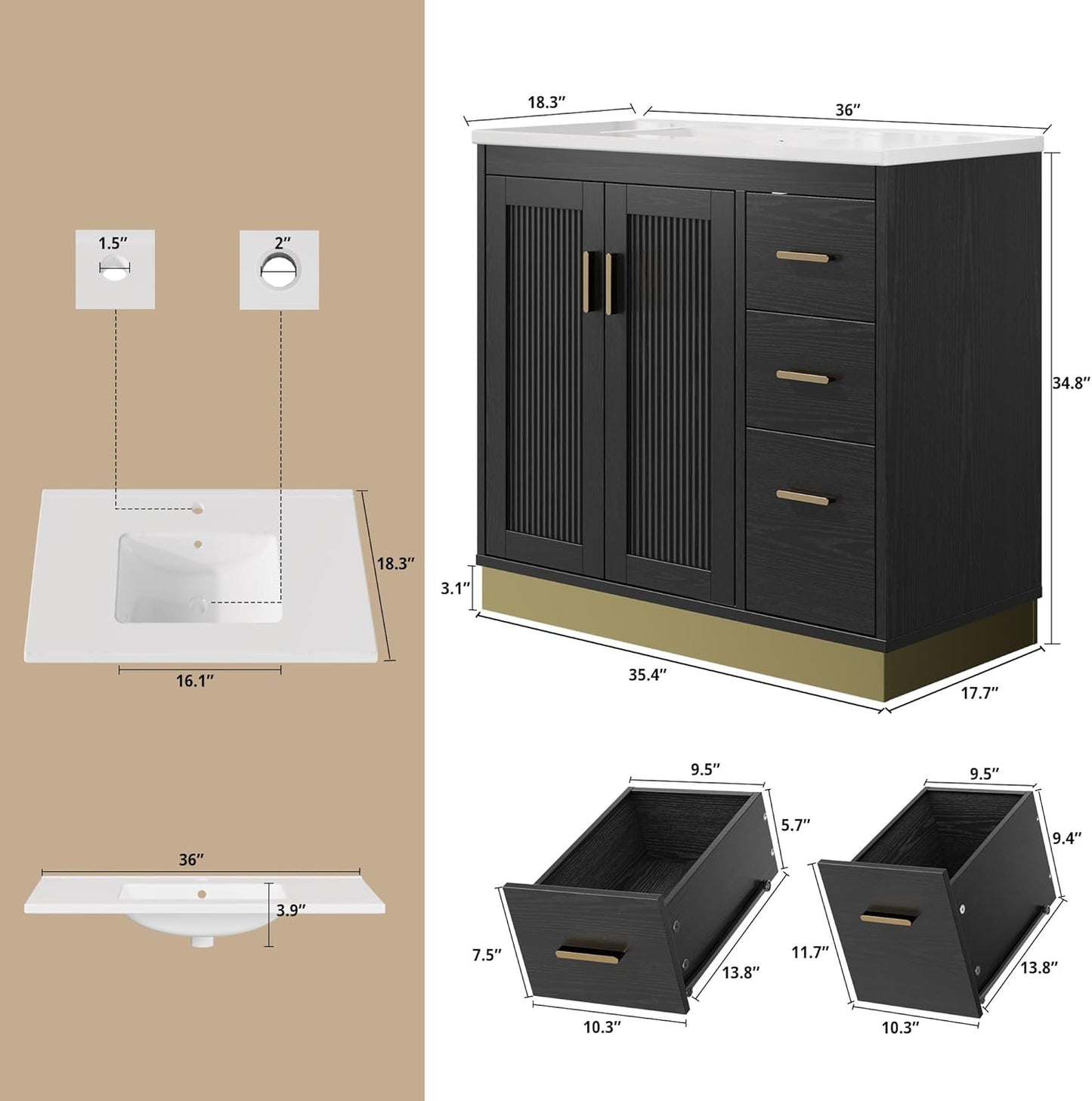 36 inch Bathroom Vanity with Sink, Freestanding Single Vanity Cabinet with Integrated Ceramic Countertop, Adjustable Shelves, 2 Soft Closing Doors & 3 Drawers, Modern Bathroom Sink for Bathroom, Black