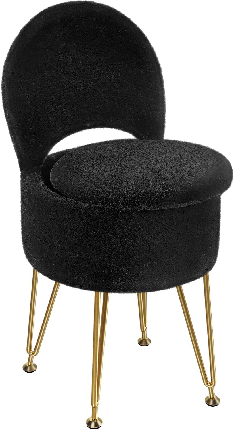 GREENSTELL Vanity Stool Chair with Storage and Folding Back, 15.7" x 15.7" x 19.5" Faux Fur Soft Ottoman for Adults, 4 Metal Legs with Anti-Slip Feet, Furry Padded Seat for Makeup, Bedroom, Pink