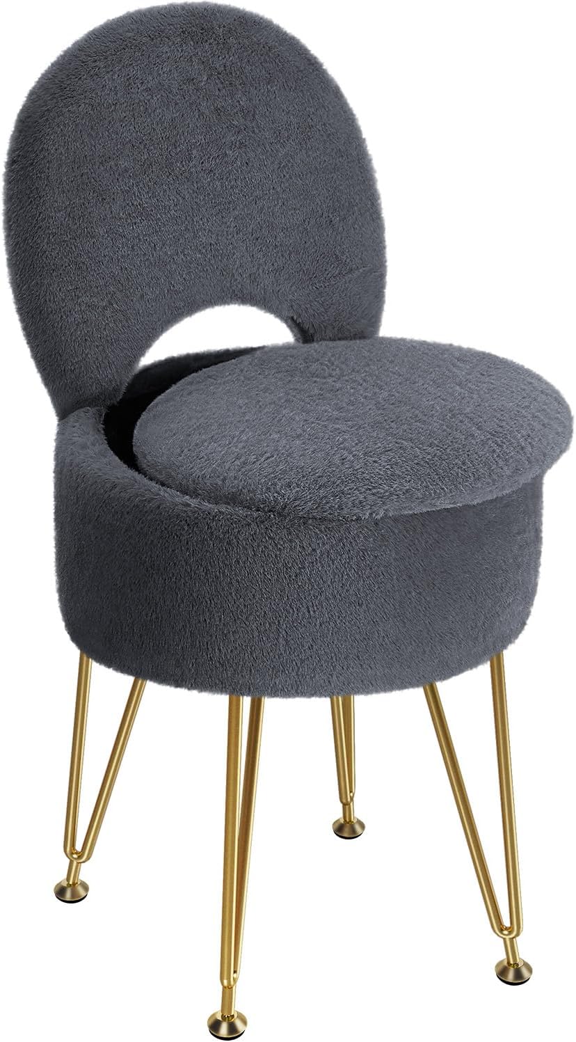 GREENSTELL Vanity Stool Chair with Storage and Folding Back, 15.7" x 15.7" x 19.5" Faux Fur Soft Ottoman for Adults, 4 Metal Legs with Anti-Slip Feet, Furry Padded Seat for Makeup, Bedroom, Pink