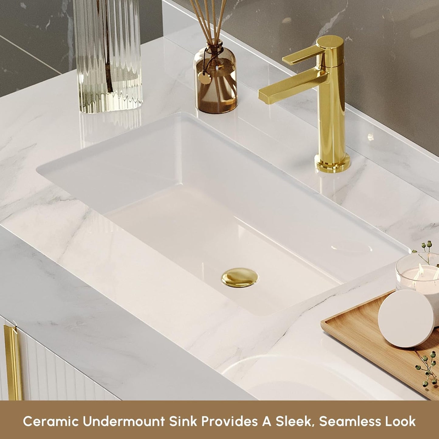 59" White Double Sink Freestanding Bathroom Vanity Modern Bathroom Vanity with Sink & Drawers & Doors Faux Marble Top