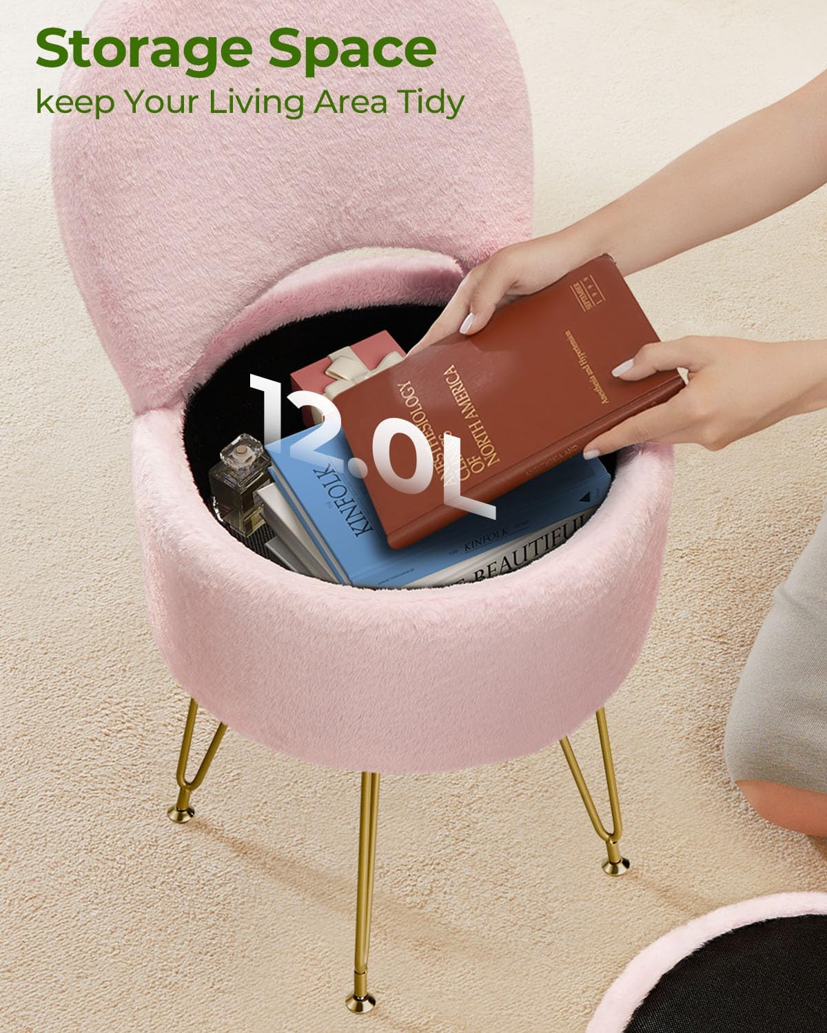 GREENSTELL Vanity Stool Chair with Storage and Folding Back, 15.7" x 15.7" x 19.5" Faux Fur Soft Ottoman for Adults, 4 Metal Legs with Anti-Slip Feet, Furry Padded Seat for Makeup, Bedroom, Pink