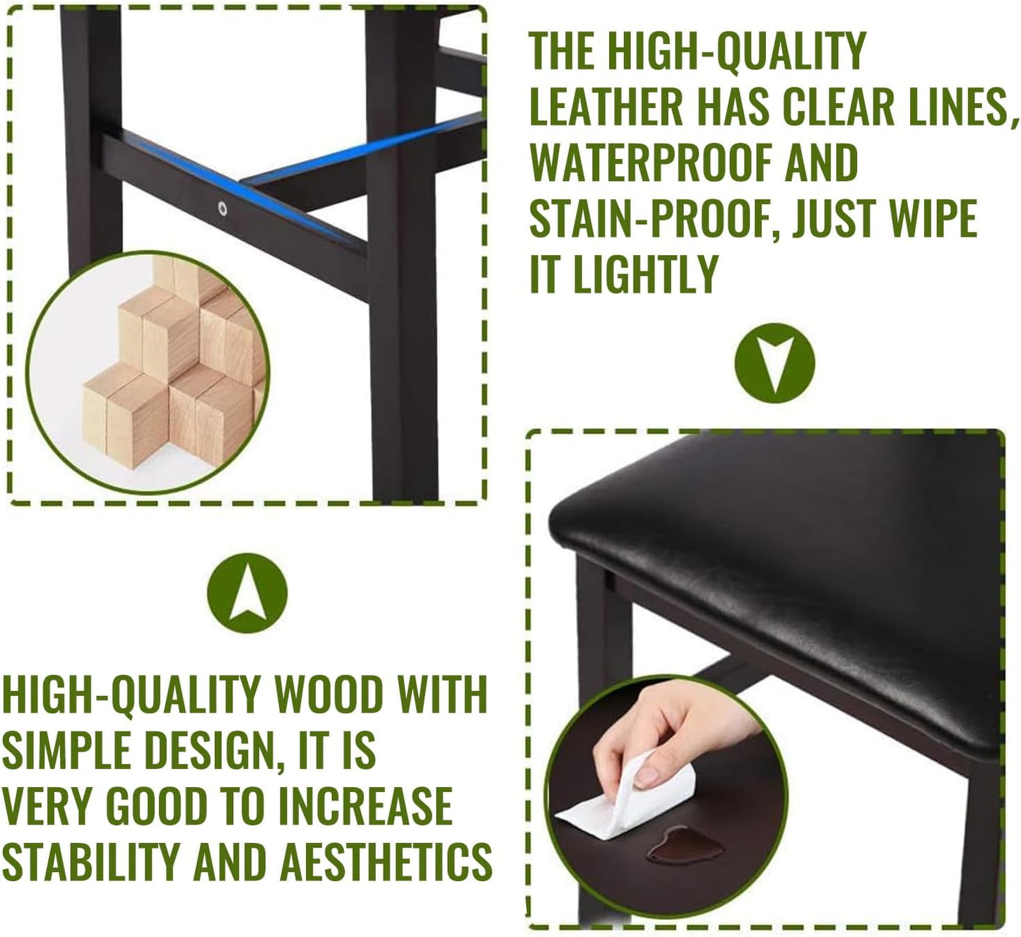 FDW | 3-Piece Solid Wood Dining Table | Dark Brown | Pine Kitchen Table with Upholstered Chairs | Space-Saving Design | Smooth Easy-to-Clean Surface | for Dining Room, Apartment, Restaurant