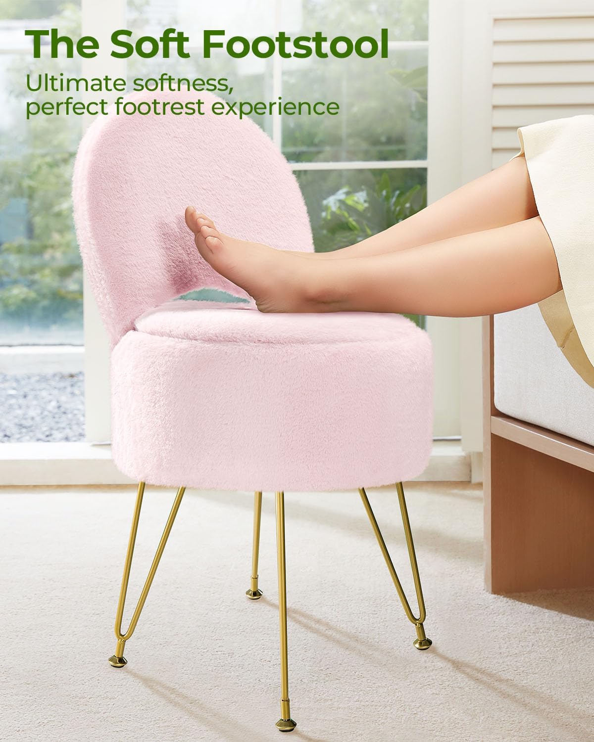 GREENSTELL Vanity Stool Chair with Storage and Folding Back, 15.7" x 15.7" x 19.5" Faux Fur Soft Ottoman for Adults, 4 Metal Legs with Anti-Slip Feet, Furry Padded Seat for Makeup, Bedroom, Pink