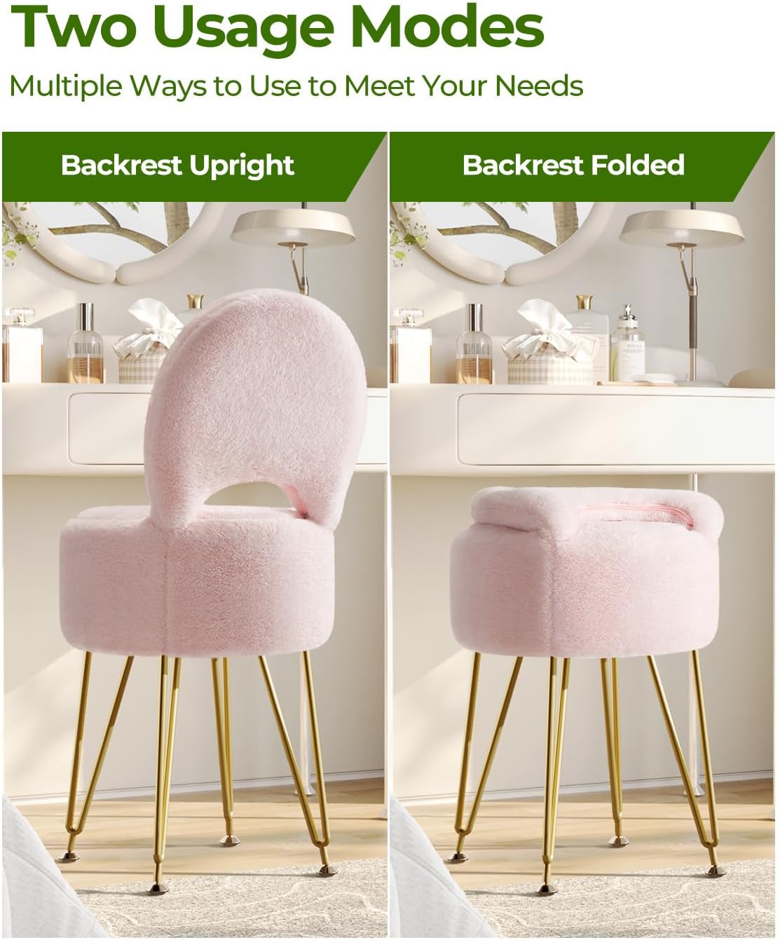 GREENSTELL Vanity Stool Chair with Storage and Folding Back, 15.7" x 15.7" x 19.5" Faux Fur Soft Ottoman for Adults, 4 Metal Legs with Anti-Slip Feet, Furry Padded Seat for Makeup, Bedroom, Pink