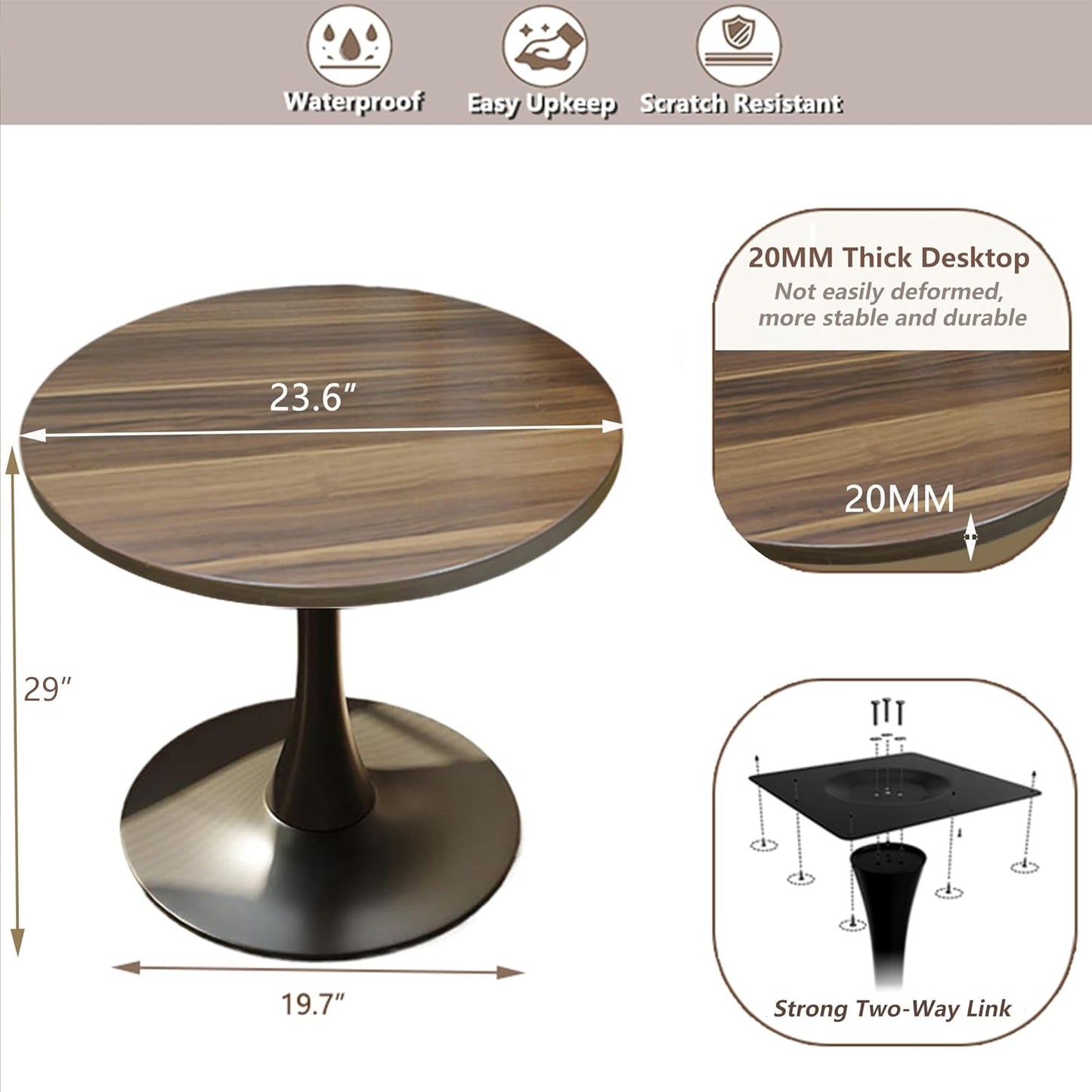 24" Tulip Table for 2-3 Persons Walnut Modern Round Dining Tables Mid-Century Kitchen Table Wooden MDF Top Steel Base Small for Living Room Balcony Leisure (Walnut, 23.6")