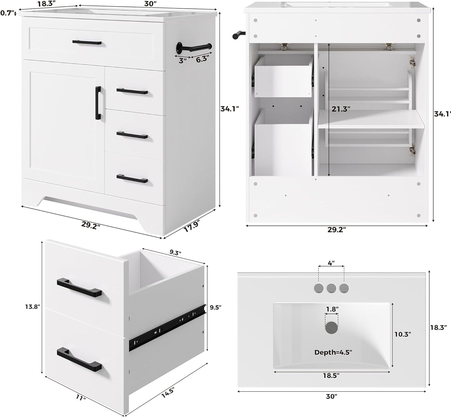 IRONCK 30" Bathroom Vanity with Sink, Freestanding Bathroom Storage Cabinet with 2 Drawers, 1 Tip-Out Drawer and 1 Soft-Close Door, Undermount Rectangular Ceramic Sink, Assembly Required, White
