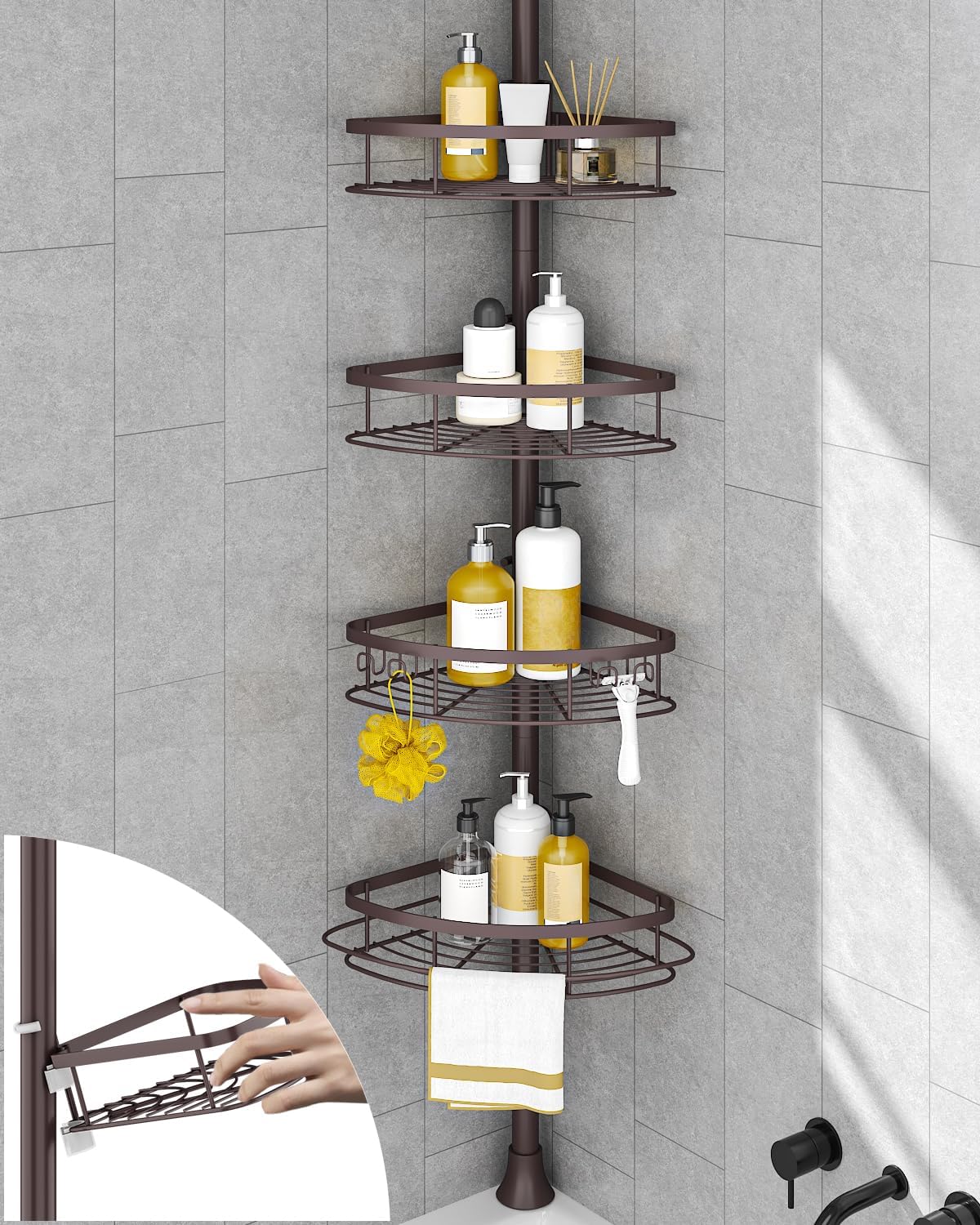 SEIRIONE Corner Shower Caddy Tension Pole, Rustproof Bathroom Shower Organizer Corner, 4-Tier Adjustable Bathroom Shelf, Solid Rack Ideal for Bathtub Storage, 34 to 116 Inch Height, Black