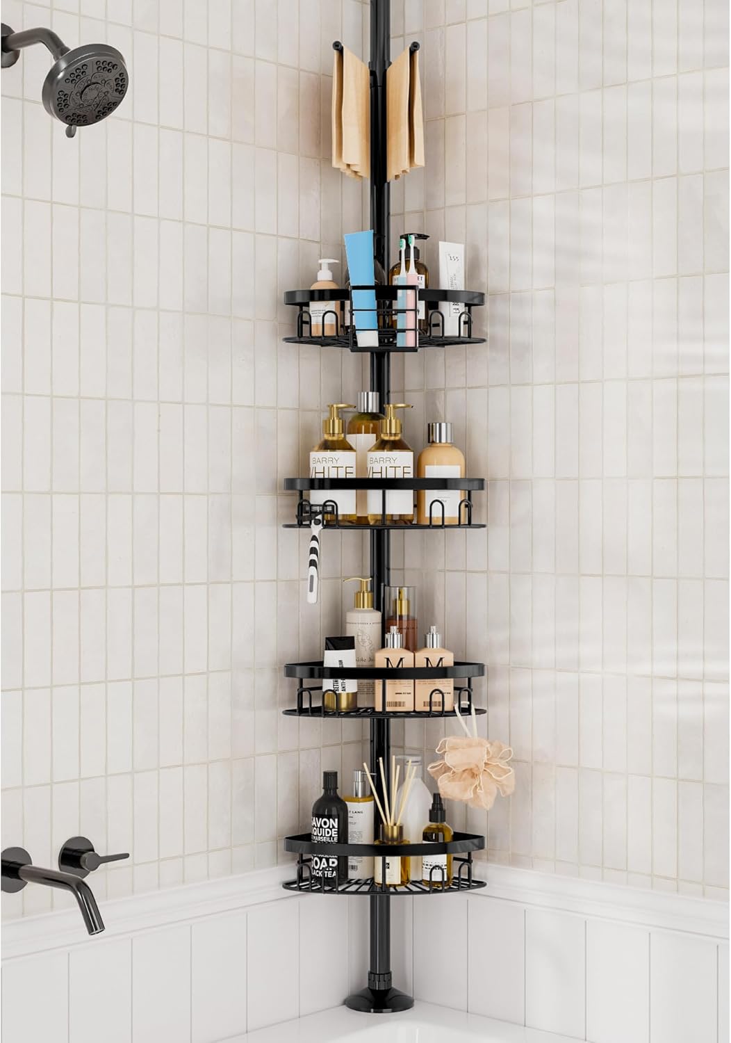 Rustproof Shower Corner Caddy Shelf for Bathroom Tension Pole Organizer with 4 Baskets for Bathtub Shampoo Storage from 23.6 to 114.5 Inch with Towel Bar (Silver)