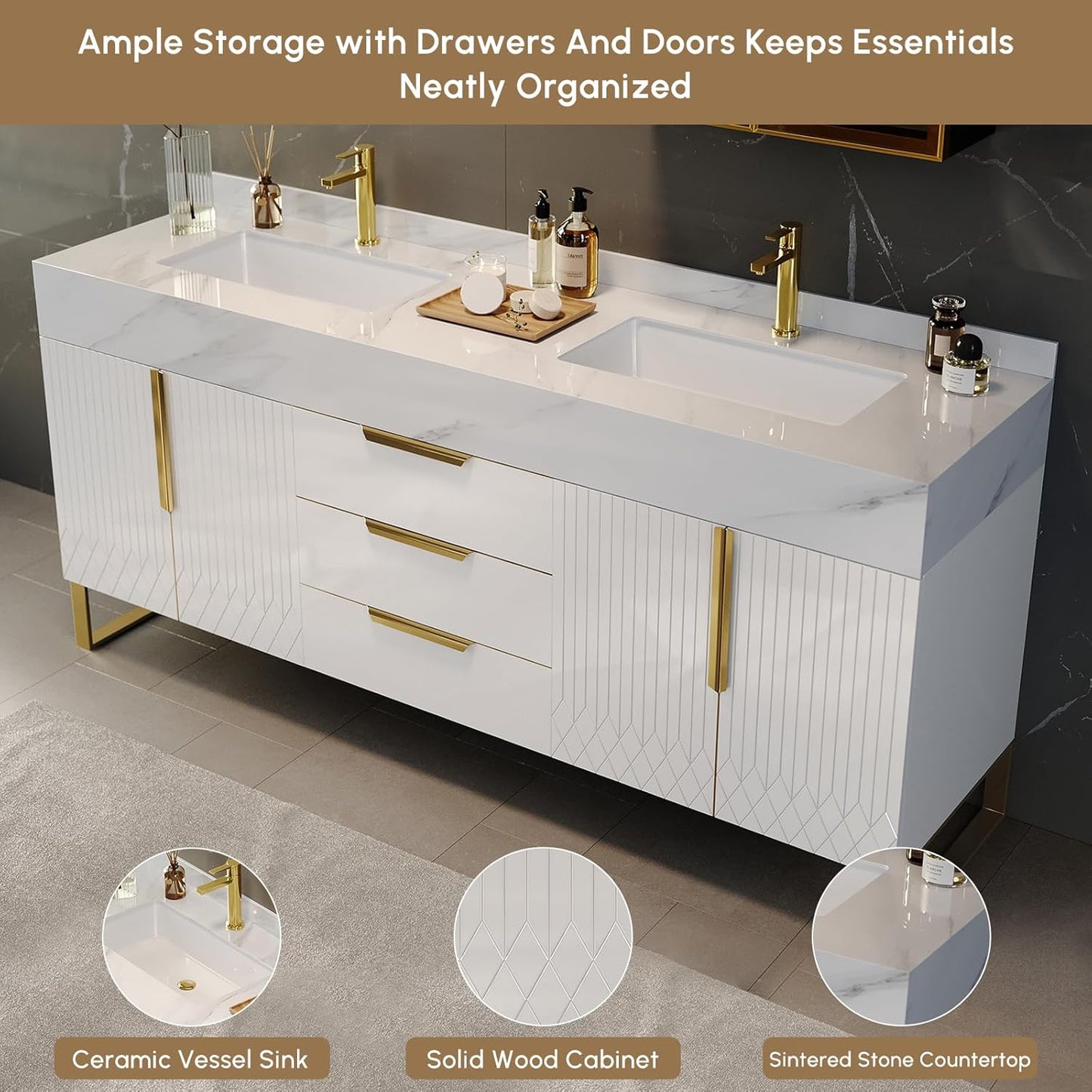 59" White Double Sink Freestanding Bathroom Vanity Modern Bathroom Vanity with Sink & Drawers & Doors Faux Marble Top