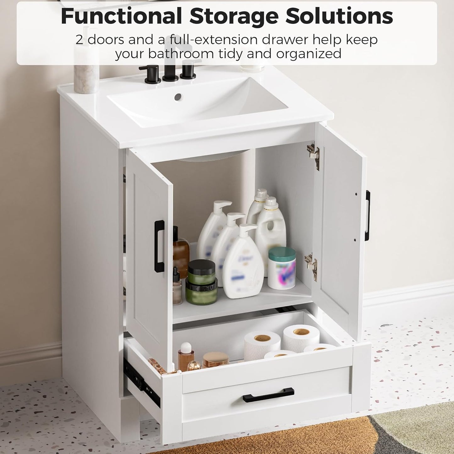 IRONCK 24" Bathroom Vanity with Sink, Freestanding Bathroom Cabinet Vanity with Soft-Close Doors & Storage Drawer, Modern Design for Small Bathrooms, Undermount Ceramic Sink, Easy Assembly, White