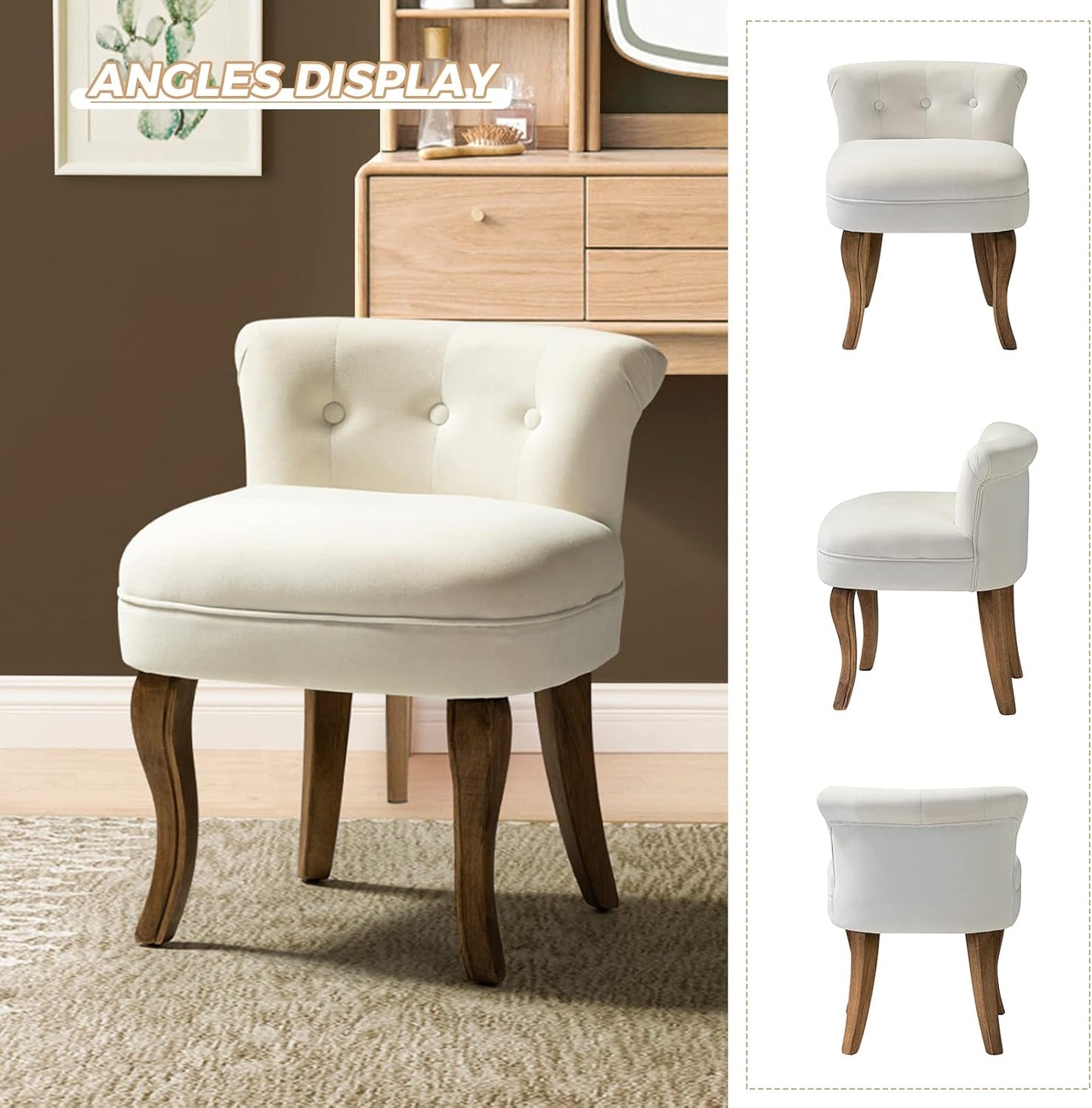 HULALA HOME Velvet Vanity Stool with Low Back, Modern Vanity Chair with Solid Wood Legs, Small Upholstered Makeup Chair Home Decor for Bedroom Living Room Dressing Table, Women Girls, Ivory