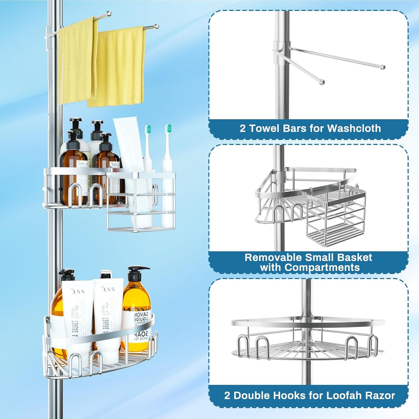 Rustproof Shower Corner Caddy Shelf for Bathroom Tension Pole Organizer with 4 Baskets for Bathtub Shampoo Storage from 23.6 to 114.5 Inch with Towel Bar (Silver)