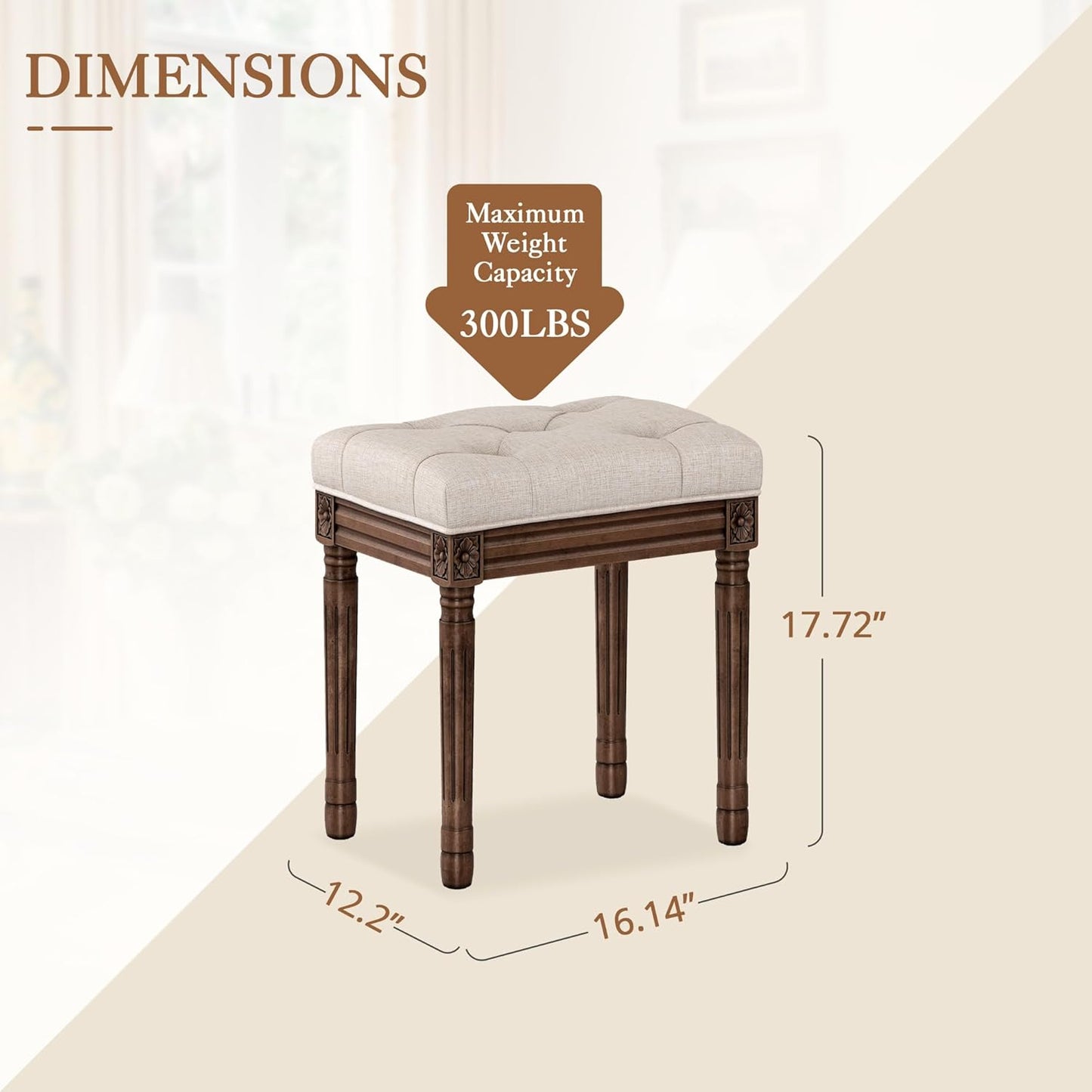 LUE BONA Upholstered Fabric Vanity Bench Seat, Makeup Stools for Vanity, Square Tufted Ottoman Bench with Carved Dark Brown Legs for Bedroom Living Room, Linen Color